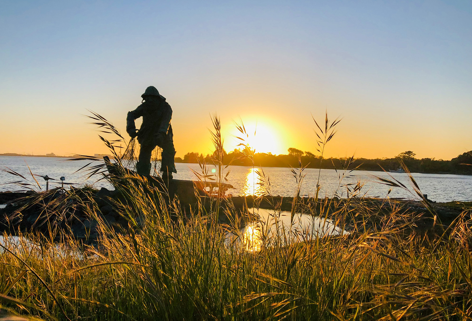 Fisherman with a net on grassy shore during a sunset