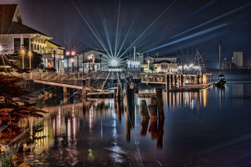 Bayfront at night with bright lights