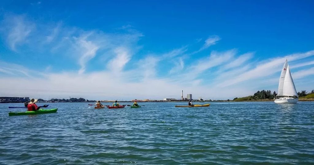 kayakers in water and a sailboat